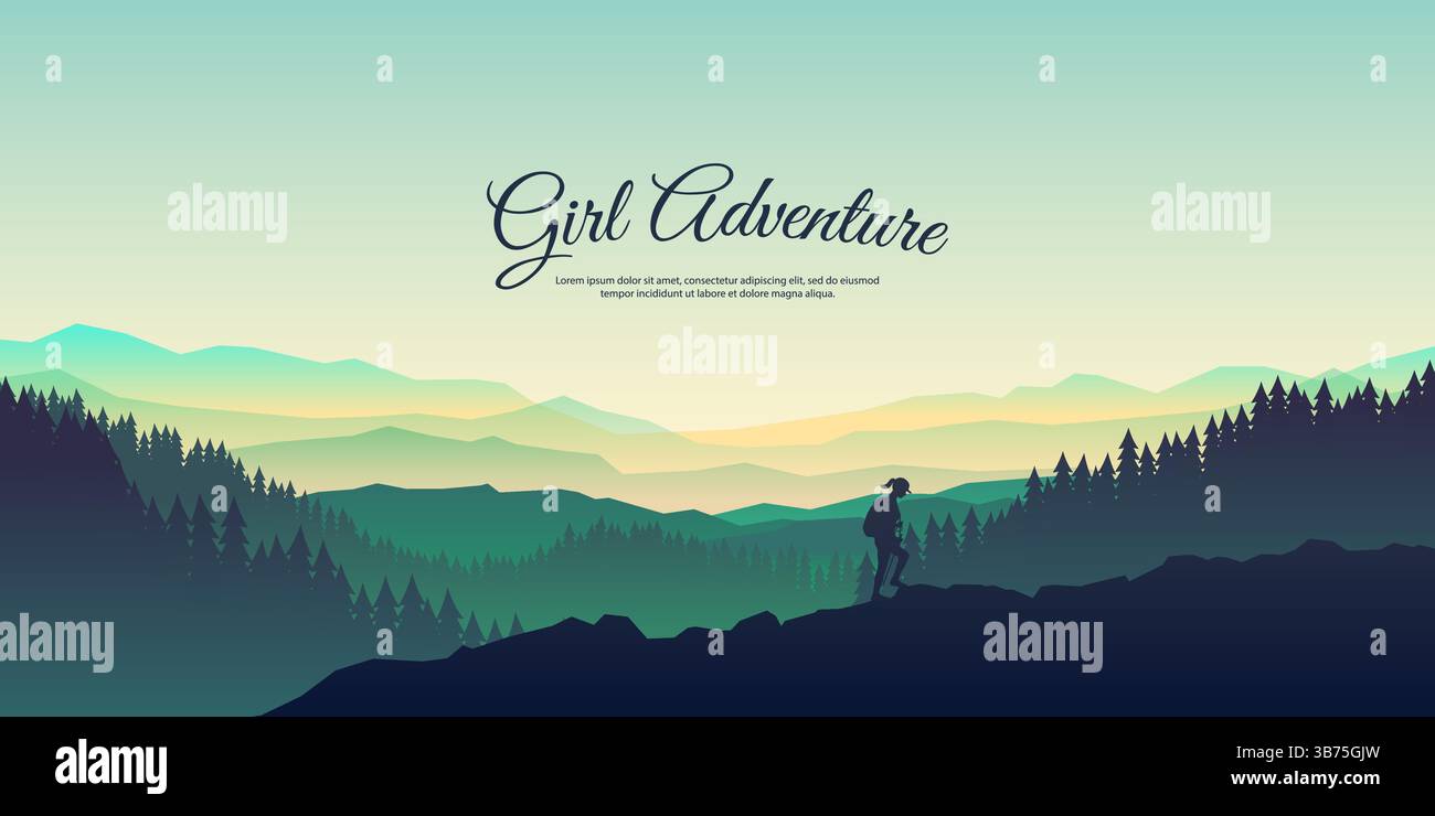 Illustrazione vettoriale. Tranquillo paesaggio naturale con strati di montagne e foreste. Silhouette di una ragazza che fa trekking. Concetto di avventura femminile all'aperto Illustrazione Vettoriale
