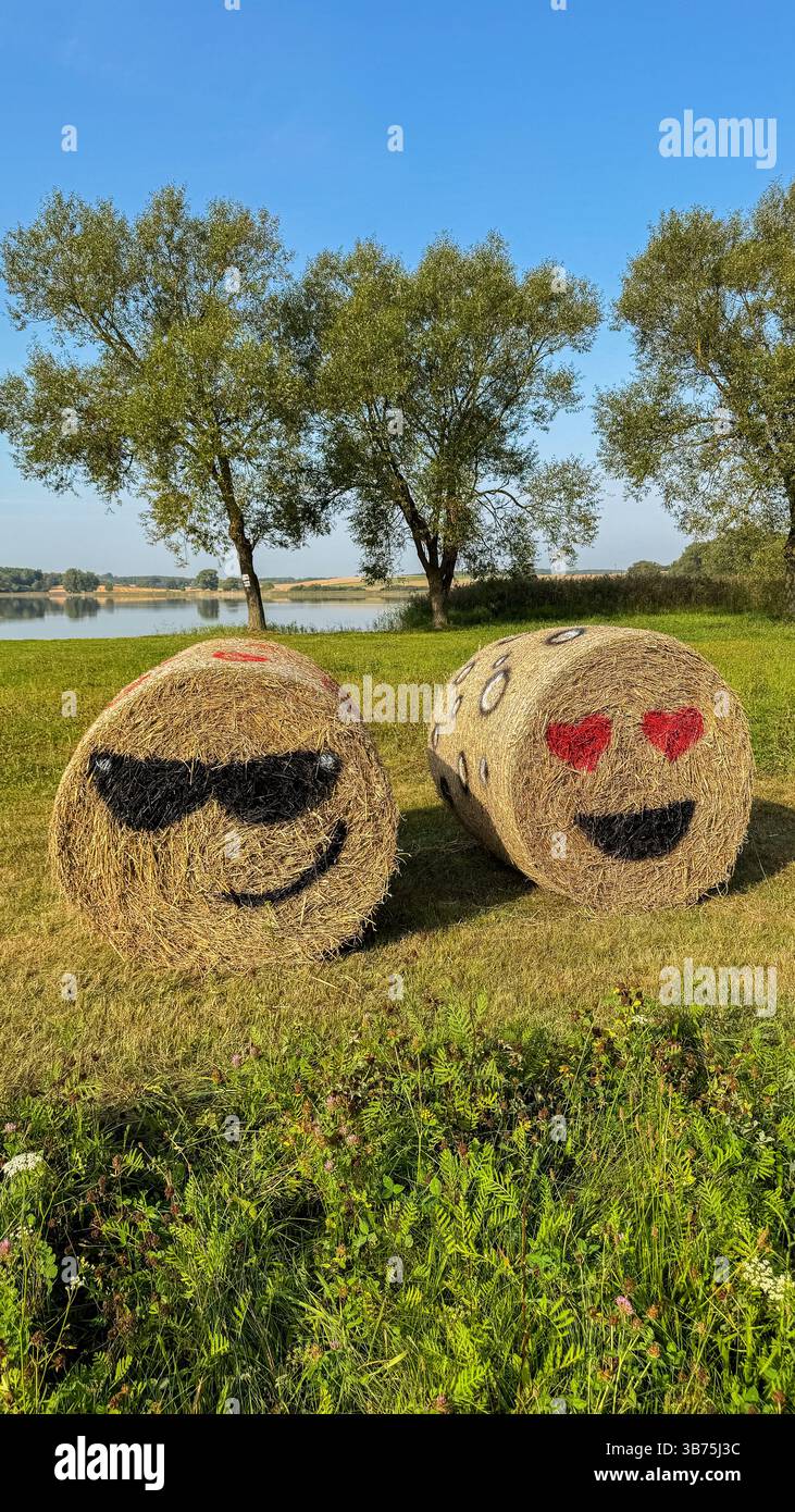 Le balle di fieno mostrano giocose facce emoji in un ambiente rurale panoramico con espressioni sorridenti e dagli occhi cuori sotto il cielo azzurro. Foto Stock