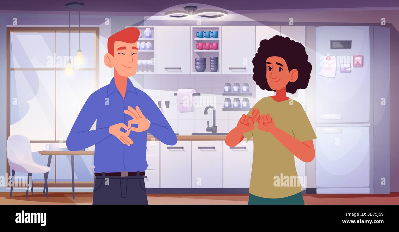 Sordo e stupido. Persone mani gesti comunicazione linguaggio dei segni esatto sfondo del cartone animato vettoriale Illustrazione Vettoriale
