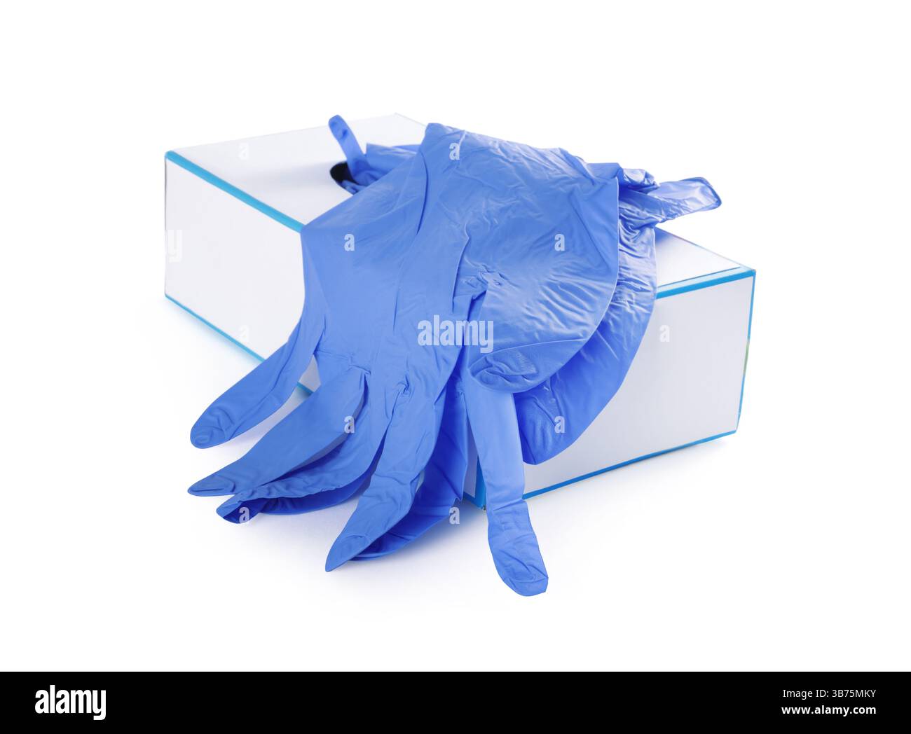 Guanti medici blu e scatola isolata su bianco Foto Stock