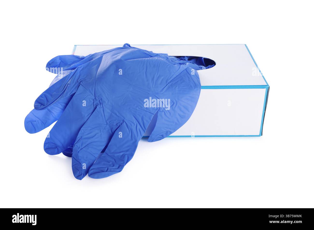 Guanti medici blu e scatola isolata su bianco Foto Stock