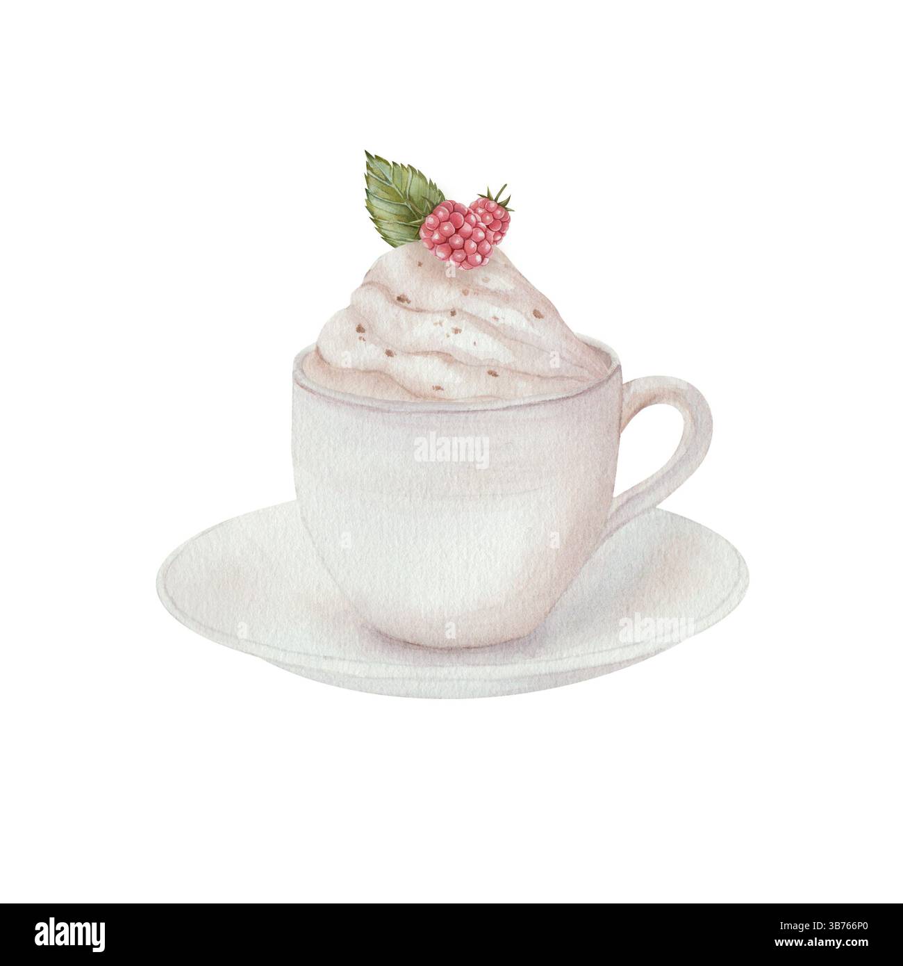 Una tazza bianca di caffè caldo o cioccolata, con panna guarnita con lamponi, sta su un piattino. Illustrazione acquerello isolata su sfondo bianco. Per la progettazione del menu, biglietti d'auguri, cucina. Foto Stock
