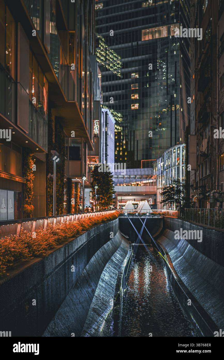 Canale nella città notturna. Luogo delle riprese: Shibuya -ku, Tokyo Foto Stock