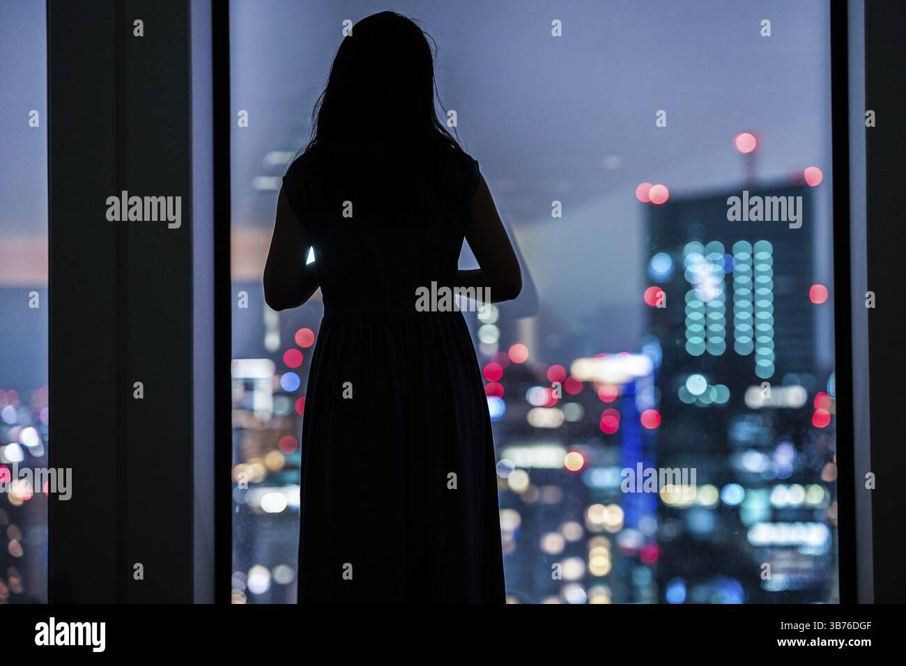 Vista notturna e silhouette femminile. Luogo di ripresa: Area metropolitana di Tokyo Foto Stock