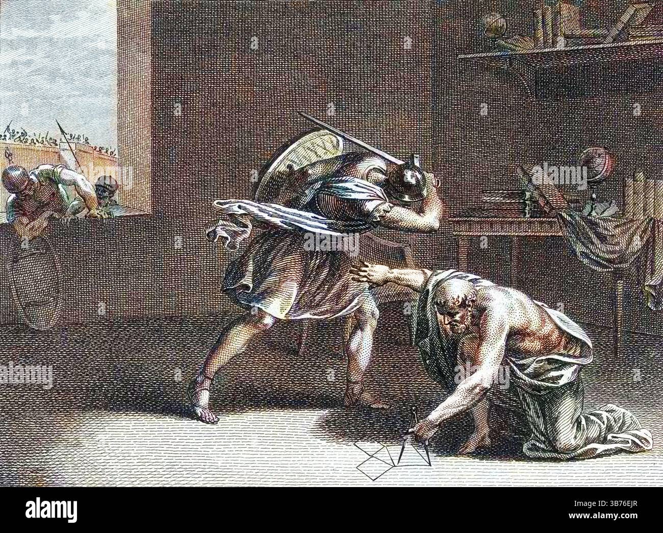 Morte di Archimede, ucciso da un soldato romano durante l'assalto a Siracusa - incisione da 'figures de l'histoire de la republique romaine accompagnees d'un precis historique ou Tableau philosophique et politique de l'origine des progres et de la decadence de la liberte chez les romains) / d'apres les dessins de Silvestre David Mirys (1742-1810 1799) Foto Stock