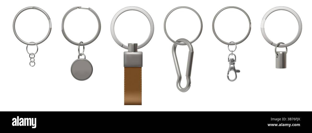 Portachiavi 3D. Anello metallico per chiavi. Portachiavi in argento. Protezione della privacy. Portachiavi realistico con pendente in pelle. Modello accessorio in acciaio inox. Met Illustrazione Vettoriale