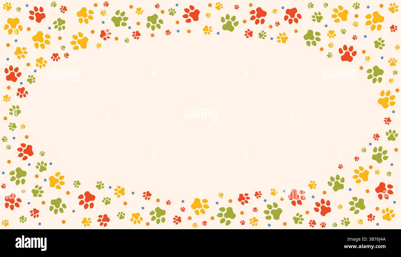 Cornice di stampa ovale PET PAW con spazio vuoto per testo e immagini. Sagome colorate che ricordano la zampa di cane o gatto con i puntini. Cornice con impronte di zampa di Illustrazione Vettoriale