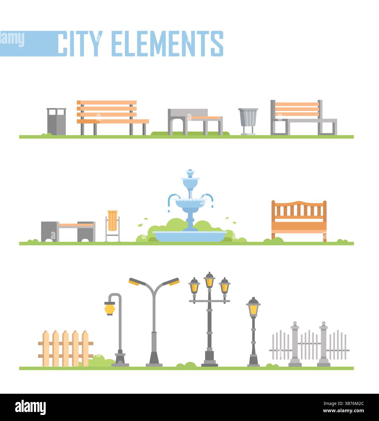 Set di icone del parco cittadino: Urban Nature, Recreation, and Outdoor Elements Collection Illustrazione Vettoriale