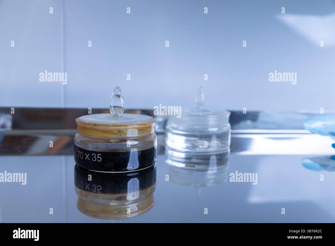 Questa immagine mostra due vasetti distinti, uno pieno di contenuti scuri e l'altro trasparente, evidenziati da riflessi uniformi e luce ambientale Foto Stock