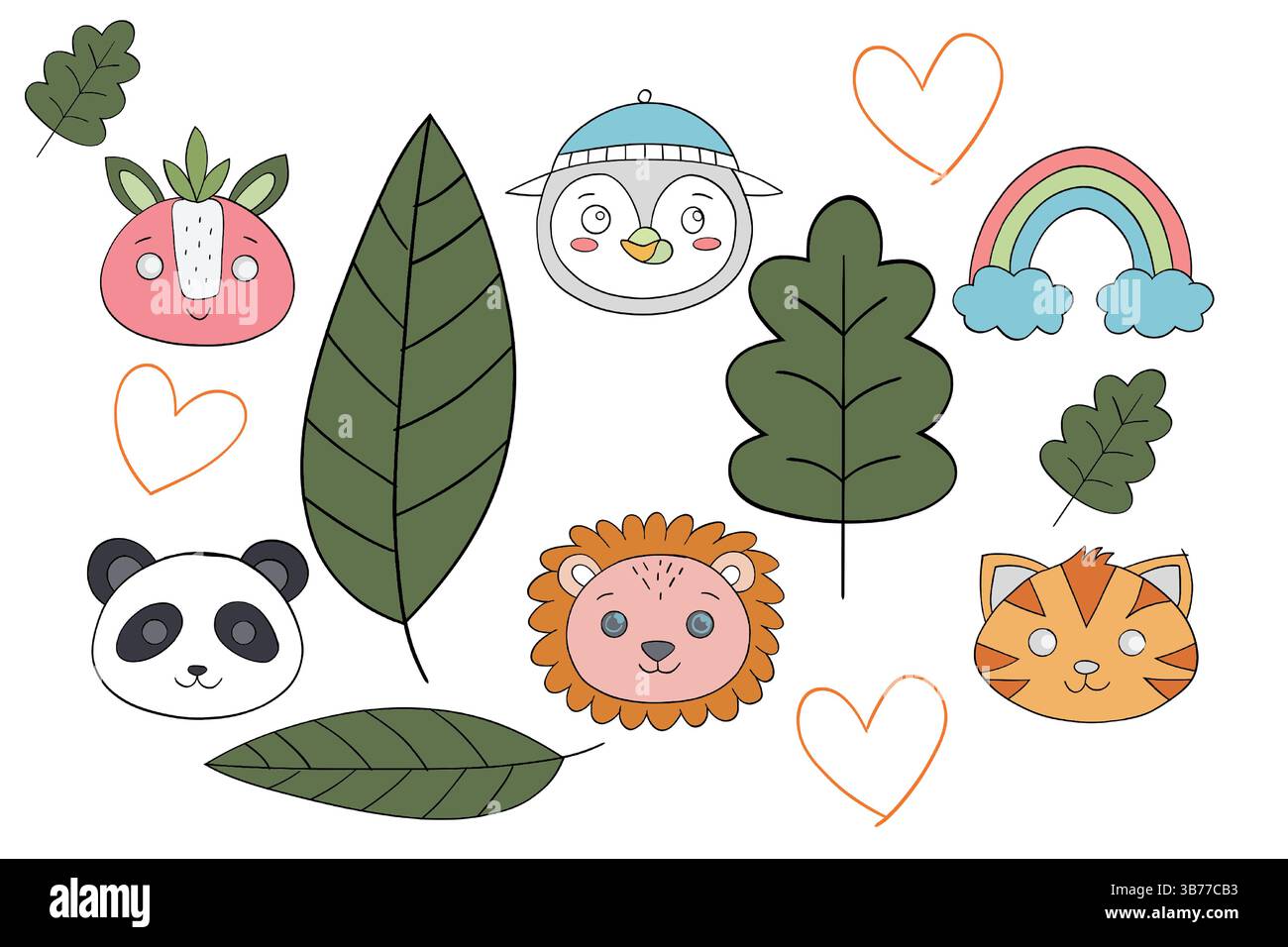 Simpatici volti animali ed elementi naturali illustrazione per bambini con foglie, cuori e arcobaleno. Illustrazione Vettoriale