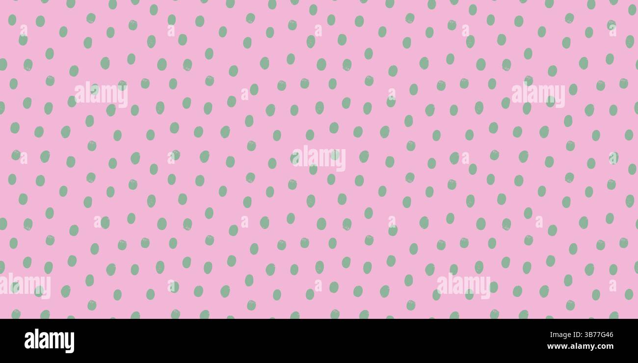 Polka dot motivo orizzontale senza cuciture rosa e verde salvia. Design vettoriale disegnato a mano con allegra trama tratteggiata e divertente flusso irregolare. Ottimo Illustrazione Vettoriale