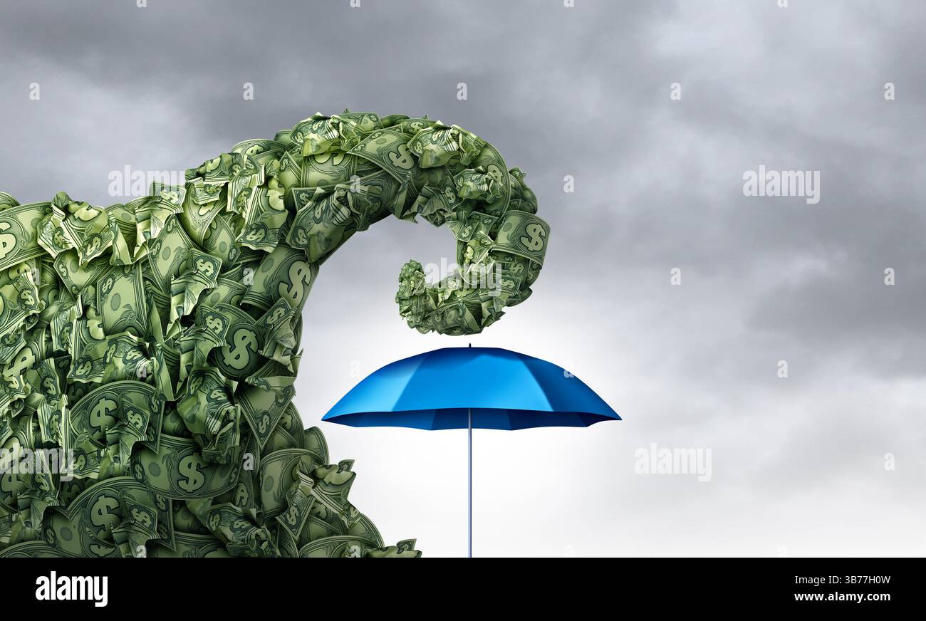 Proteggete i vostri risparmi proteggendoli dal rischio e dal concetto di business della sicurezza finanziaria come crisi del debito o ondata finanziaria che scendono proporzionalmente da un umbr Foto Stock Proteggete i vostri risparmi proteggendoli dal rischio e dal concetto di business della sicurezza finanziaria come crisi del debito o ondata finanziaria che scendono proporzionalmente da un umbr Foto Stock