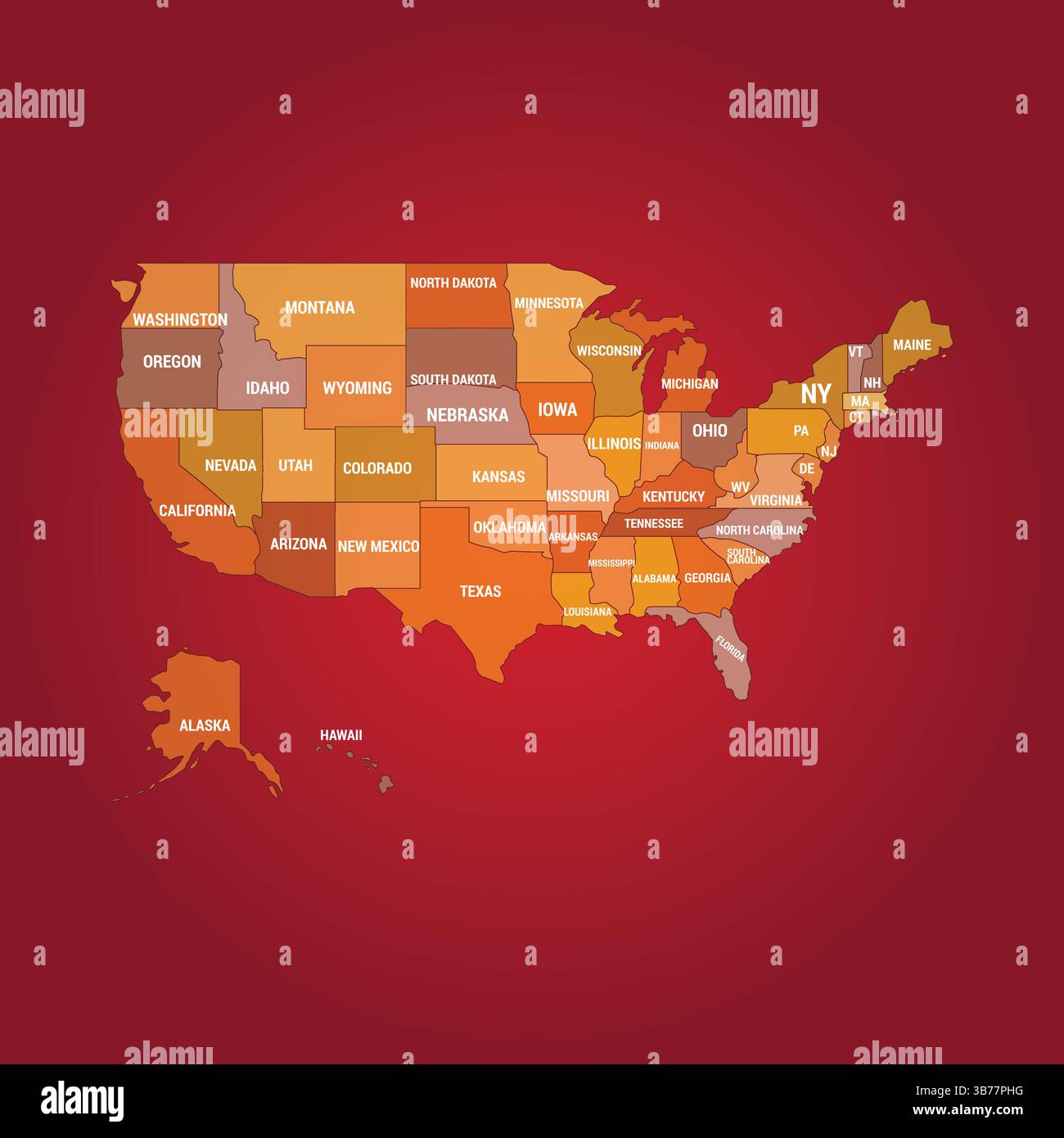 American Map Unique Color, All States, sfondo rossastro, Illustration Art Illustrazione Vettoriale