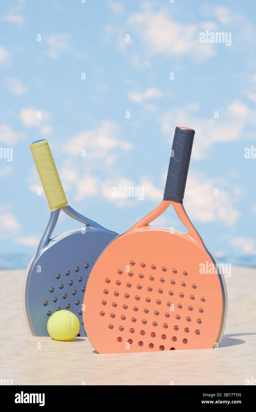 Racchette da tennis e palla Padel in una giornata di sole, perfette per una vacanza estiva. rendering 3d. Foto Stock