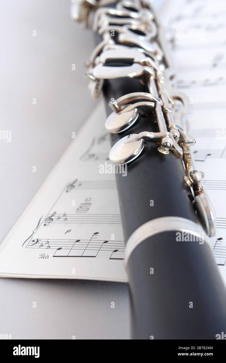 Clarinetto strumento a fiato strumento in legno tono strumento Note lembi metallo Argento musica tempo libero Hobby Arte Cultura Foto Stock