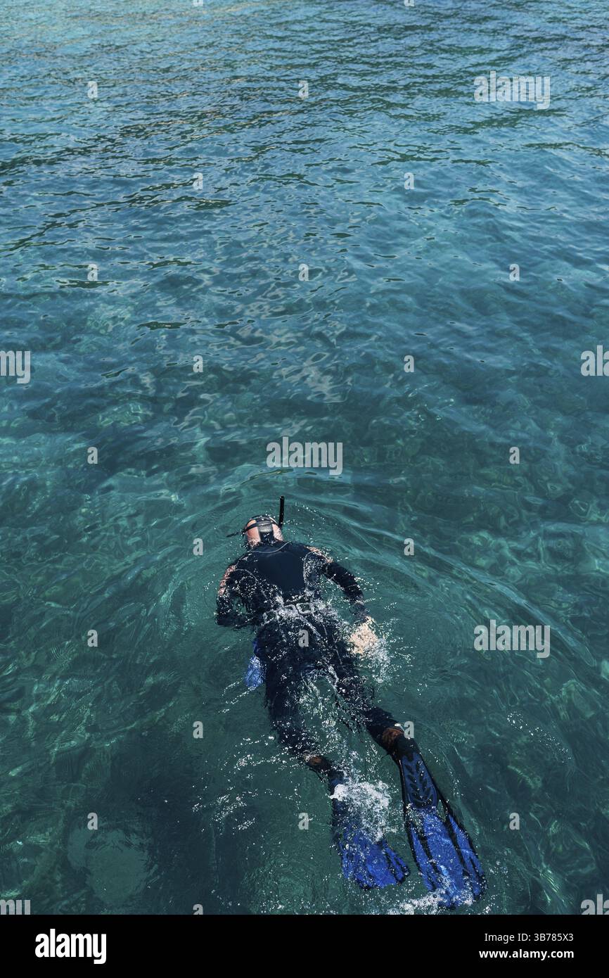 Il subacqueo nuota in mare, vista dall'alto. Foto Stock
