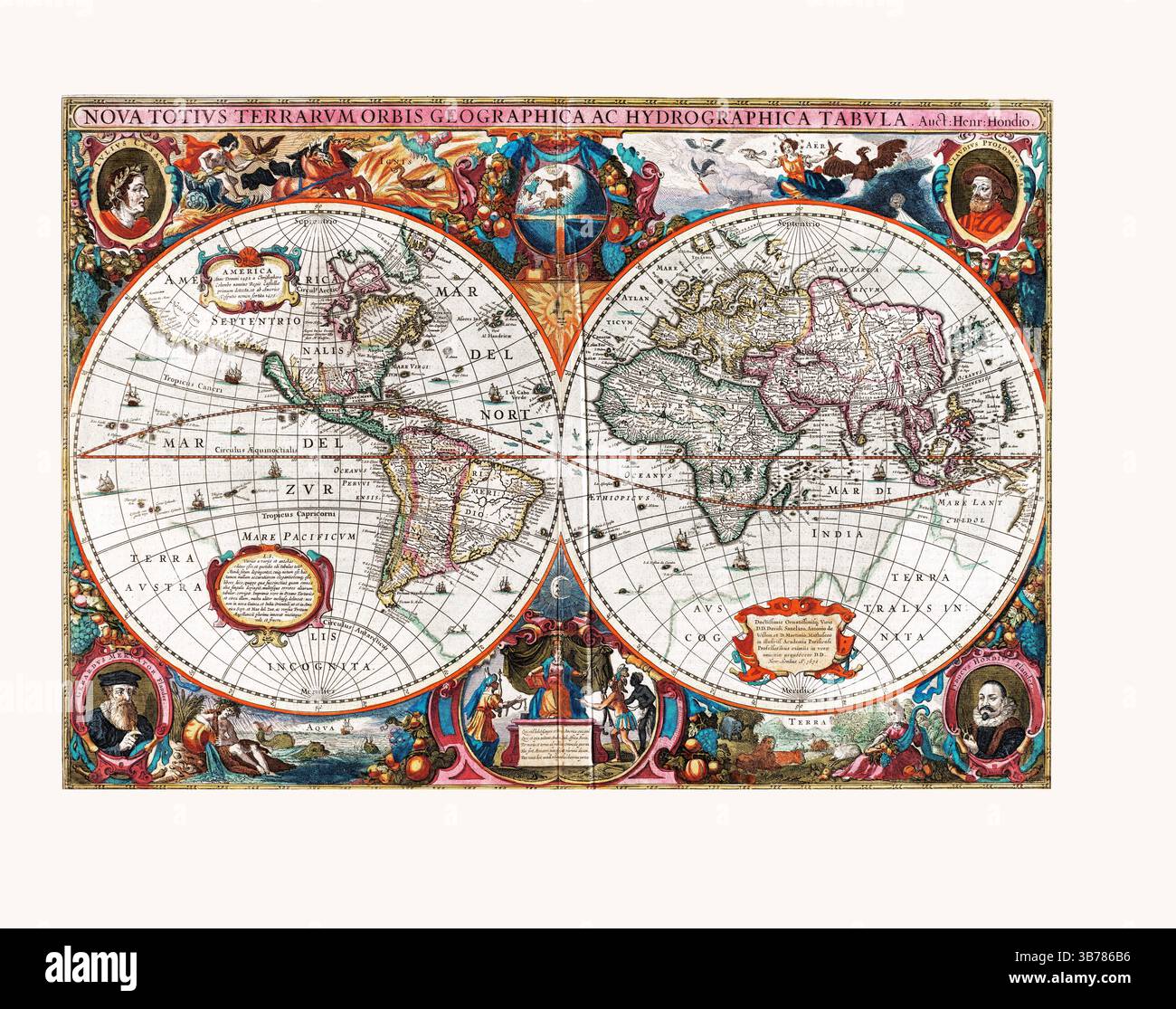 Nova Totius Terrarum Orbis Geographica AC Hydrographica Tabula, mappa del mondo antico di Hendrik Hondius, 1630 Foto Stock