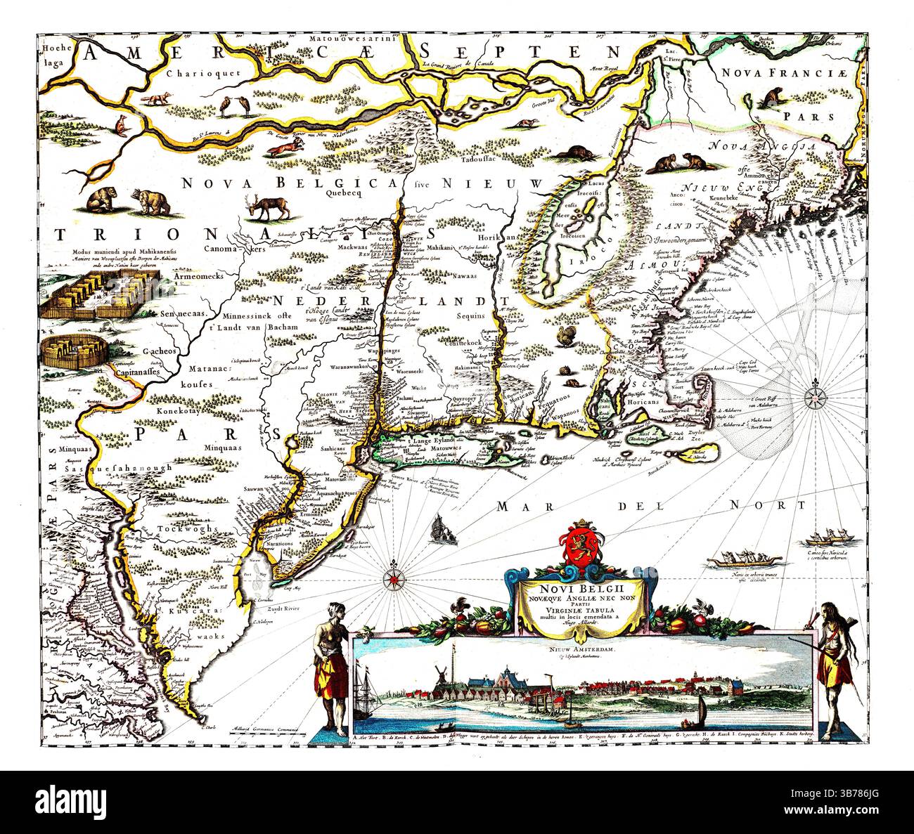Mappa di Medio Atlantico, New England e Stati del nord-est, 1665, Hugo Allardt, Hendrik Doncker, antica mappa americana, mappa storica d'epoca Foto Stock