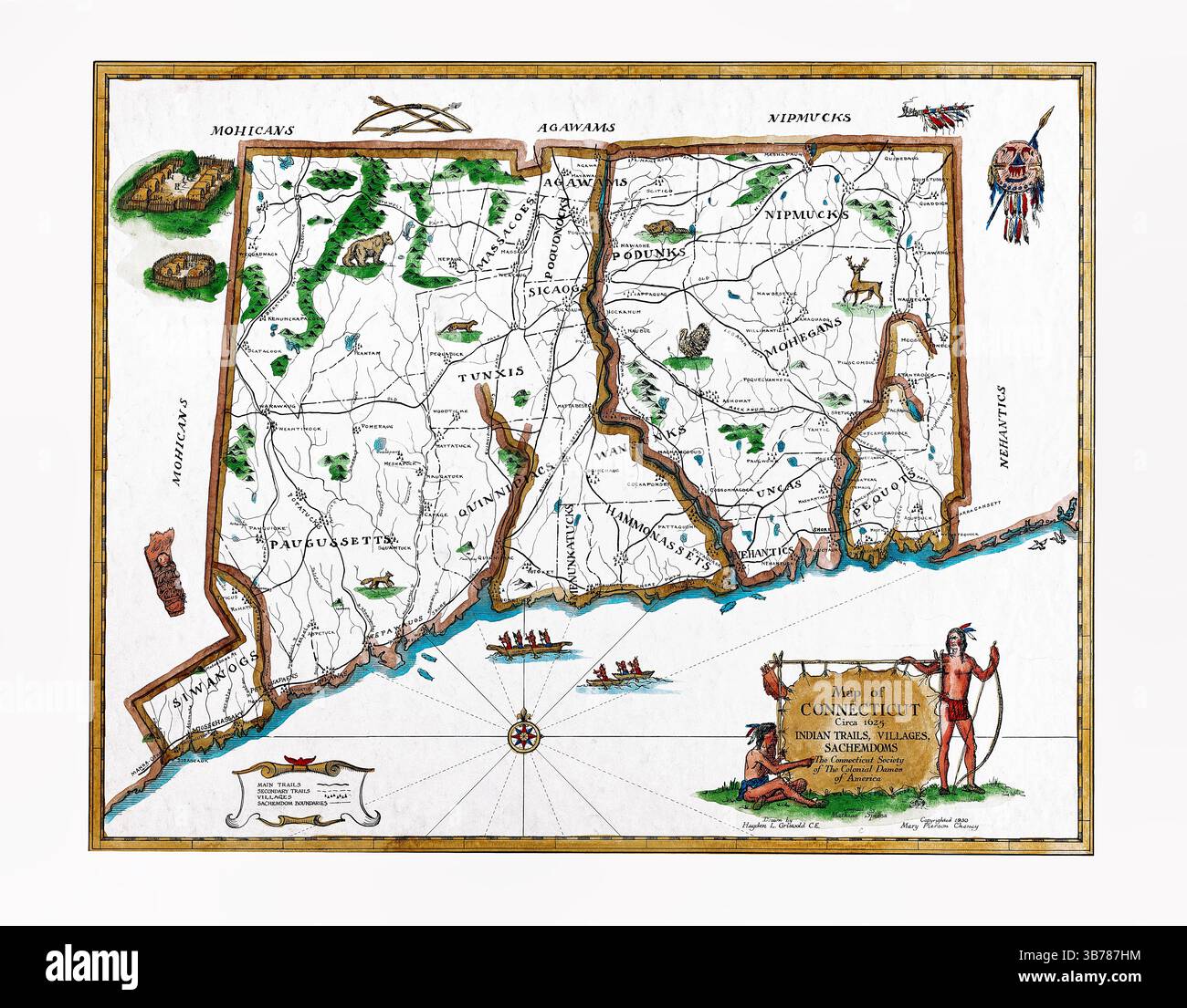 Mappa del Connecticut, circa 1625, che mostra sentieri, villaggi e luoghi indiani, prima mappa coloniale americana, antica mappa storica, dominio pubblico Foto Stock