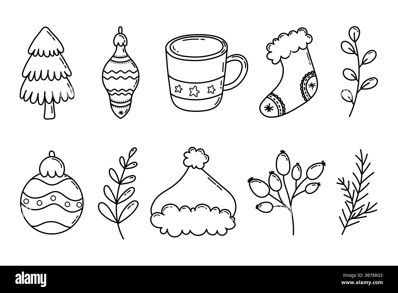 Set di elementi art doodle della linea natalizia. Disegna a mano le decorazioni natalizie con calze natalizie, albero di Natale, cappello di Babbo Natale, baubles, frutti di bosco Illustrazione Vettoriale