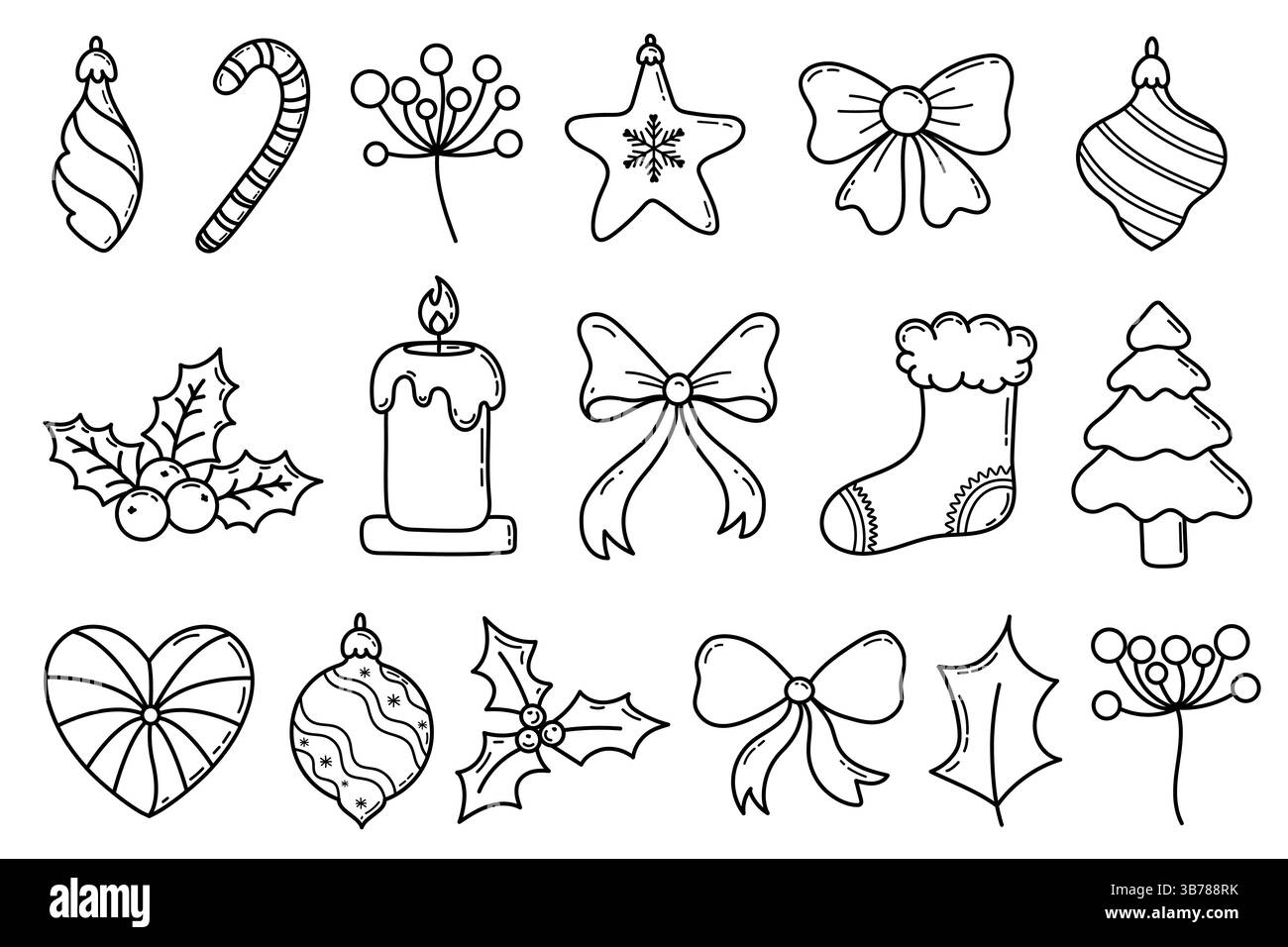 Set di elementi art doodle della linea natalizia. Set di ornamenti per disegni a mano di Natale con agnello, arco, candela, calze di Natale, albero di Natale, bauble e. Illustrazione Vettoriale