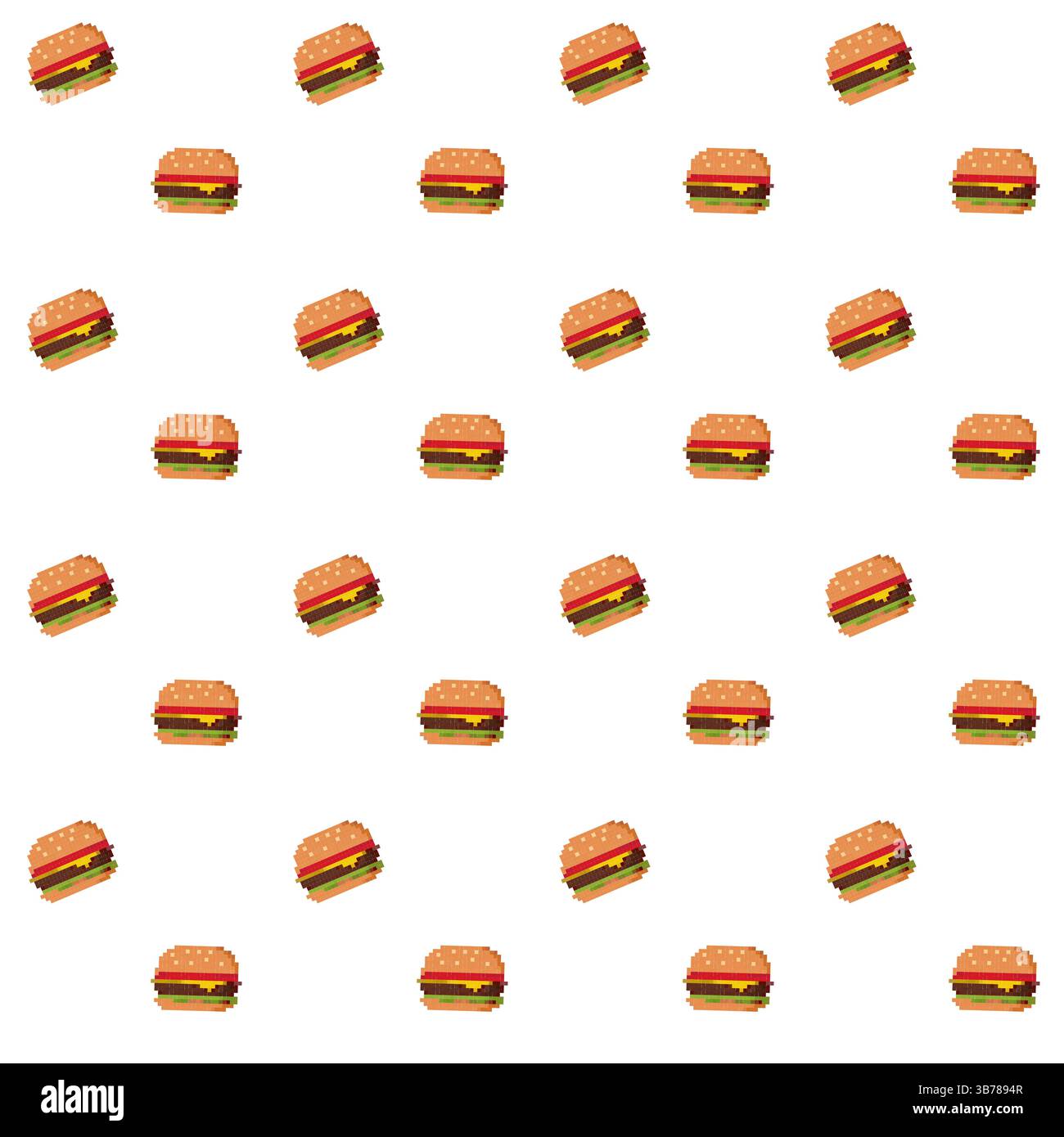Pattern di hamburger pixel art senza interruzioni su sfondo bianco Illustrazione Vettoriale