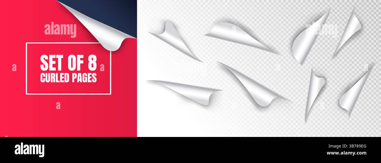 Illustrazione vettoriale. Set di 8 pagine di carta arricciate realistiche con angoli piegati ed effetti ombra su sfondo trasparente per banner Web e poster Illustrazione Vettoriale