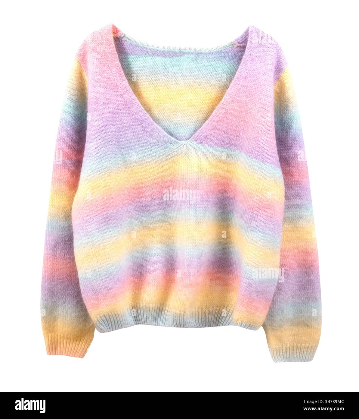 Maglione arcobaleno colorato isolato sul bianco. Top in maglia gialla, rosa, blu, viola. Abiti alla moda da donna. Abbigliamento alla moda primaverile. Foto Stock