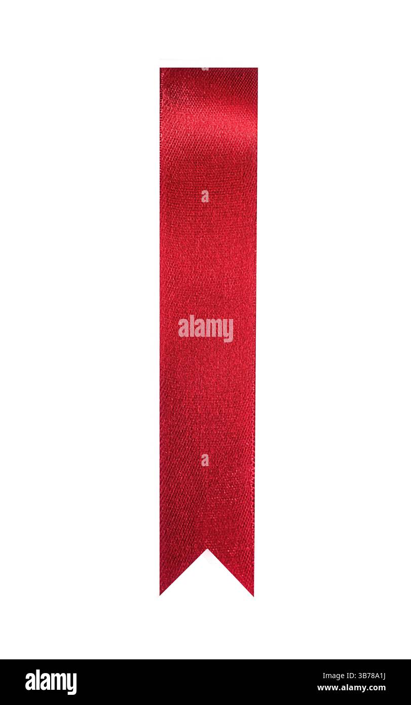 Nastro rosso seta lungo, verticale, segnalibro, promemoria pagina. Striscia isolata su sfondo bianco. Elemento decorativo per pagine Web, documenti, brochure, pagine Web Foto Stock