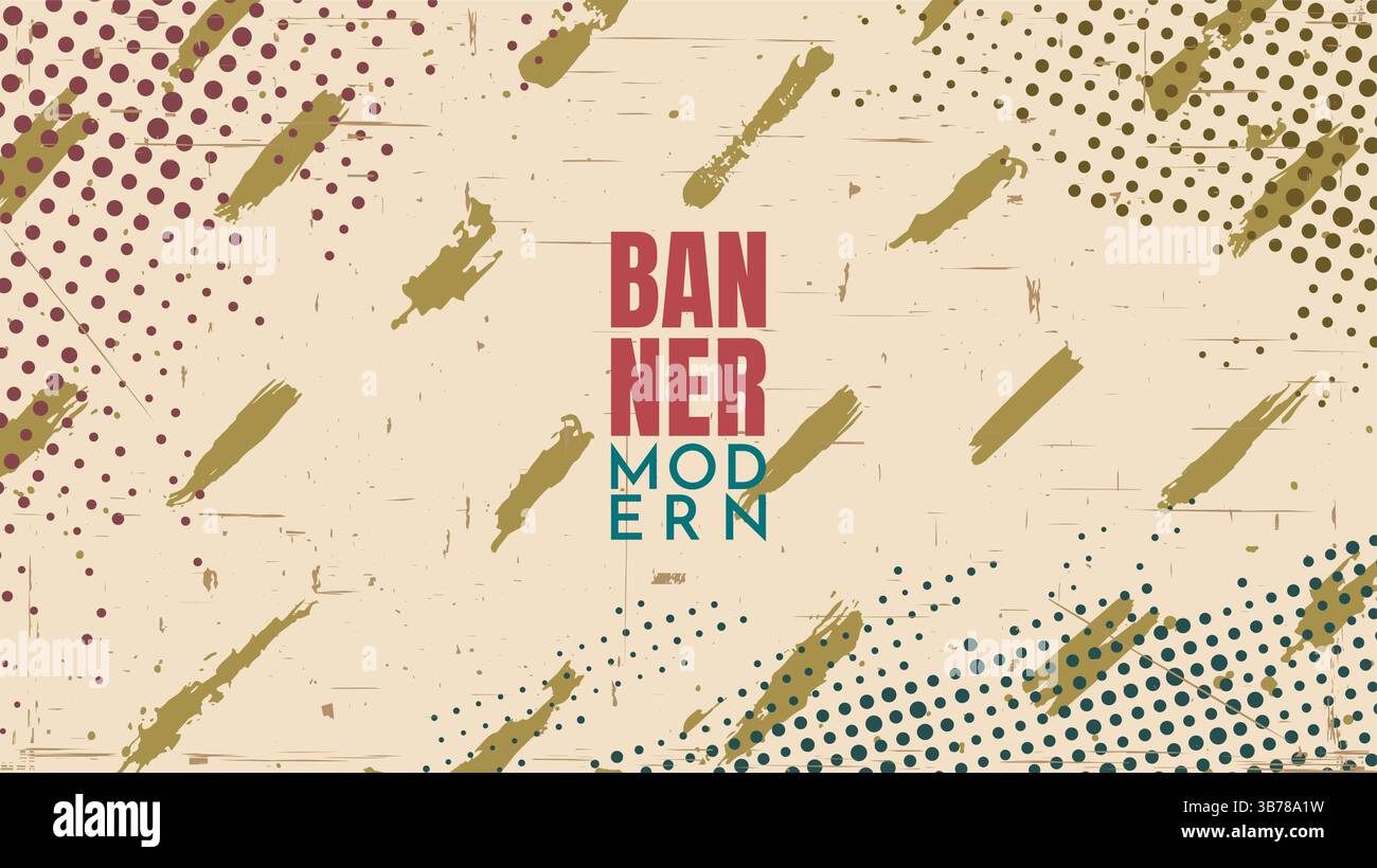 Illustrazione vettoriale. Sfondo a colori retrò. Tratti di pennello con colori fluidi e punti mezzitoni. Design dinamico per banner Web e sfondo panoramico Illustrazione Vettoriale