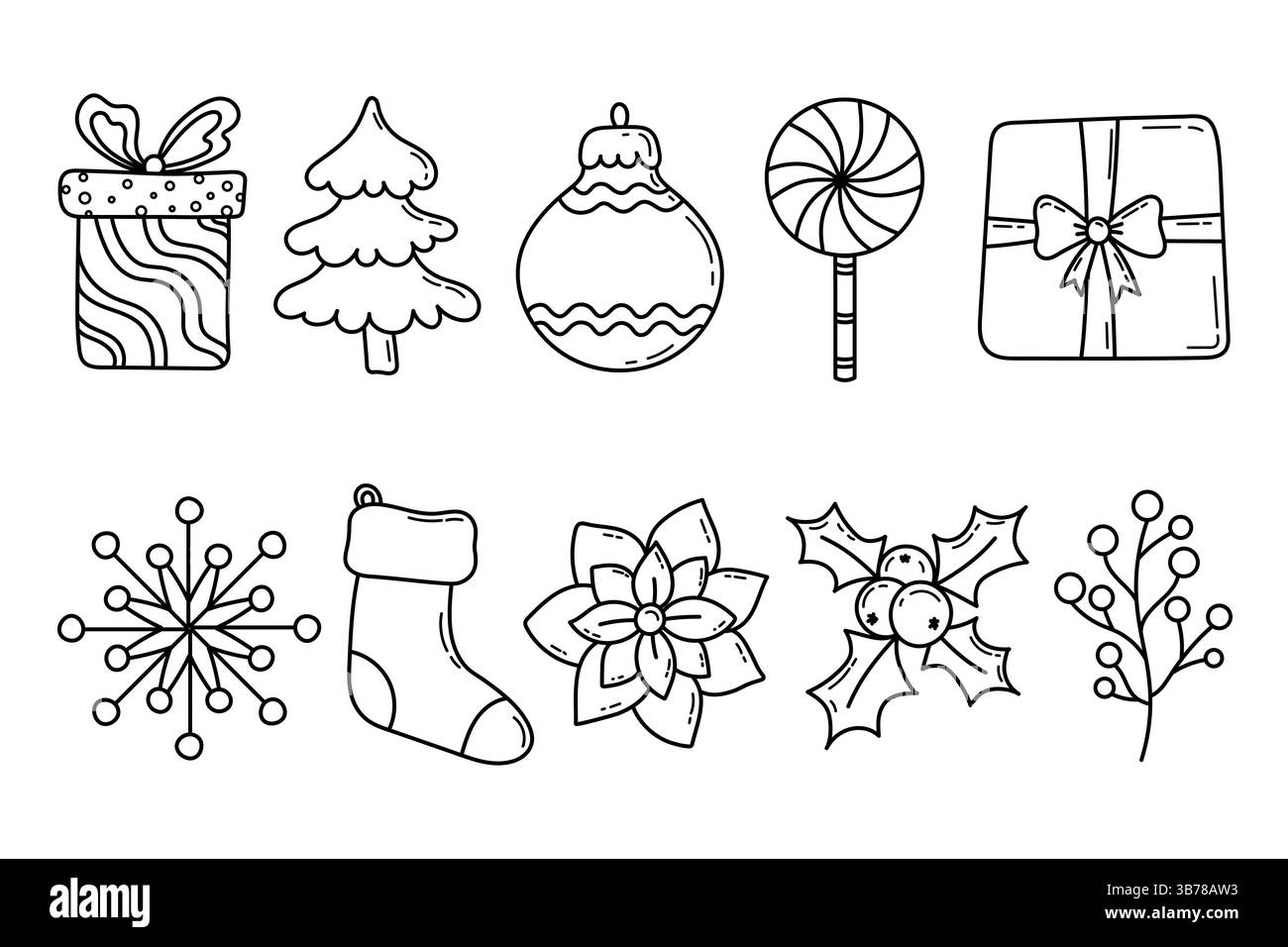 Set di elementi art doodle della linea natalizia. Disegna a mano le decorazioni natalizie con calze natalizie, albero di Natale, baule, confezione regalo, poinsettia Illustrazione Vettoriale