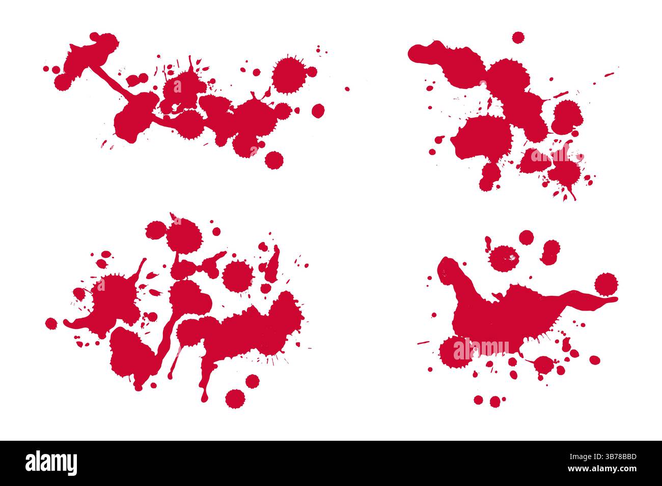 Set di schizzi di sangue rosso. Gocce di sangue rosso, spruzzi e macchie su sfondo bianco per Halloween, crimine e horror Illustrazione Vettoriale