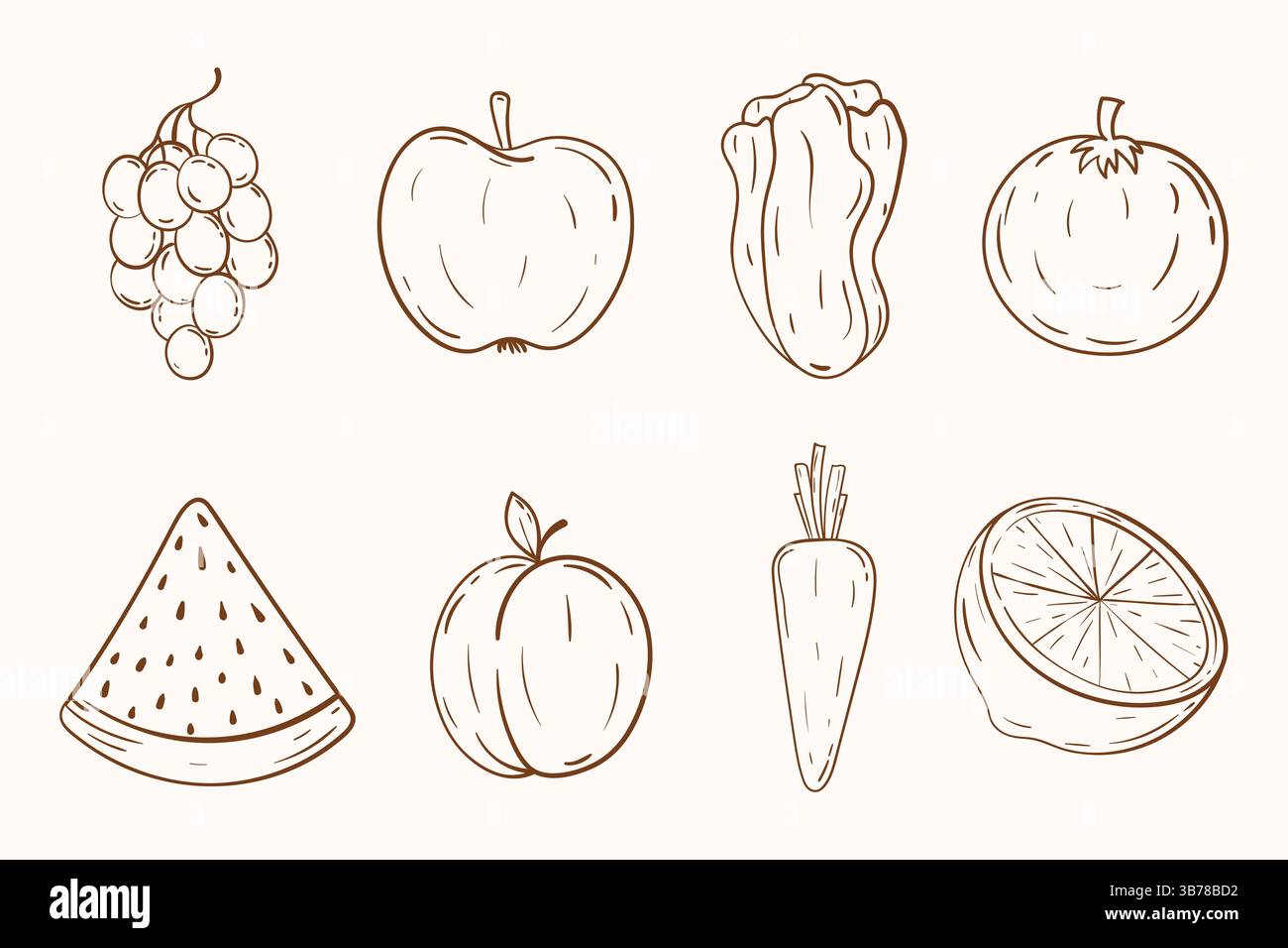 Delineare la raccolta di frutta e verdura. Disegna a mano il set di icone di frutta e verdura. Illustrazione Vettoriale