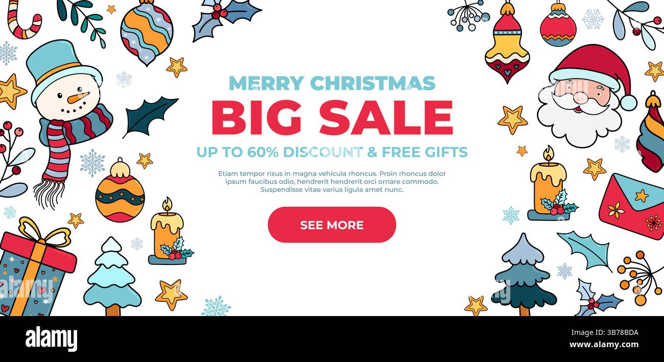 Banner saldi natalizi. Banner promozionale grandi saldi natalizi con testa di Babbo Natale disegnata a mano, pupazzo di neve, confezione regalo, baule e decorazioni bianche Illustrazione Vettoriale