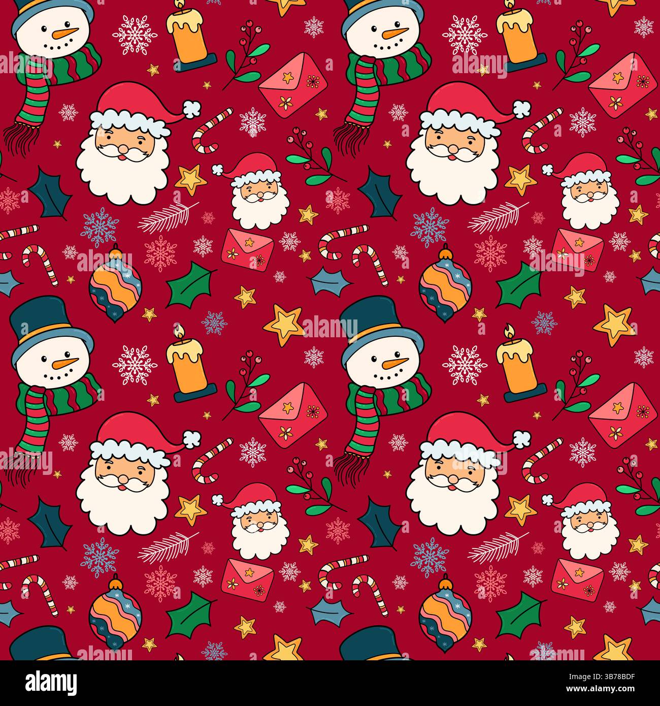 Disegna a mano il motivo natalizio senza cuciture con testa di Babbo Natale, pupazzo di neve ed elementi decorativi. Stampa natalizia per carta da imballaggio, tessuto Illustrazione Vettoriale