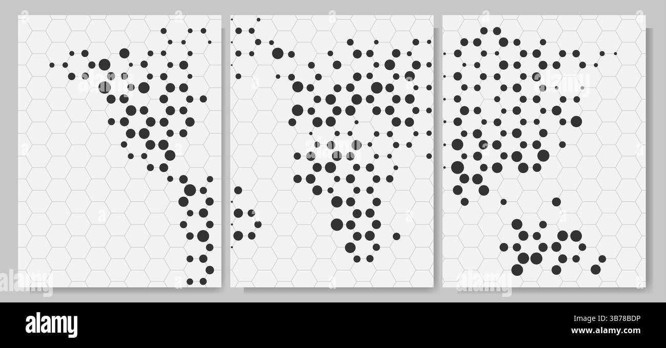 Illustrazione vettoriale. Set di 3 sfondi. Griglia esagonale grigia con punti neri che formano una mappa digitale del mondo. Concetto di rete globale. Design per poster Illustrazione Vettoriale