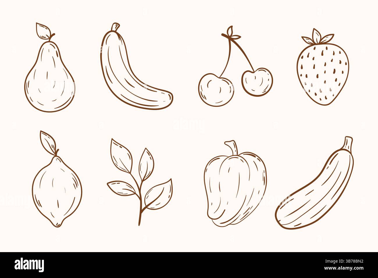 Delineare la raccolta di frutta e verdura. Disegna a mano il set di icone di frutta e verdura. Illustrazione Vettoriale