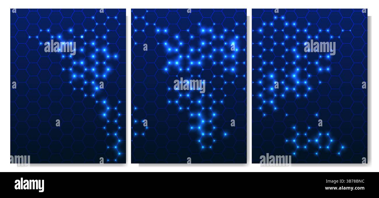 Illustrazione vettoriale. Set di 3 sfondi. Griglia esagonale blu con punti luminosi che formano una mappa digitale del mondo. Concetto di rete globale. Design Illustrazione Vettoriale