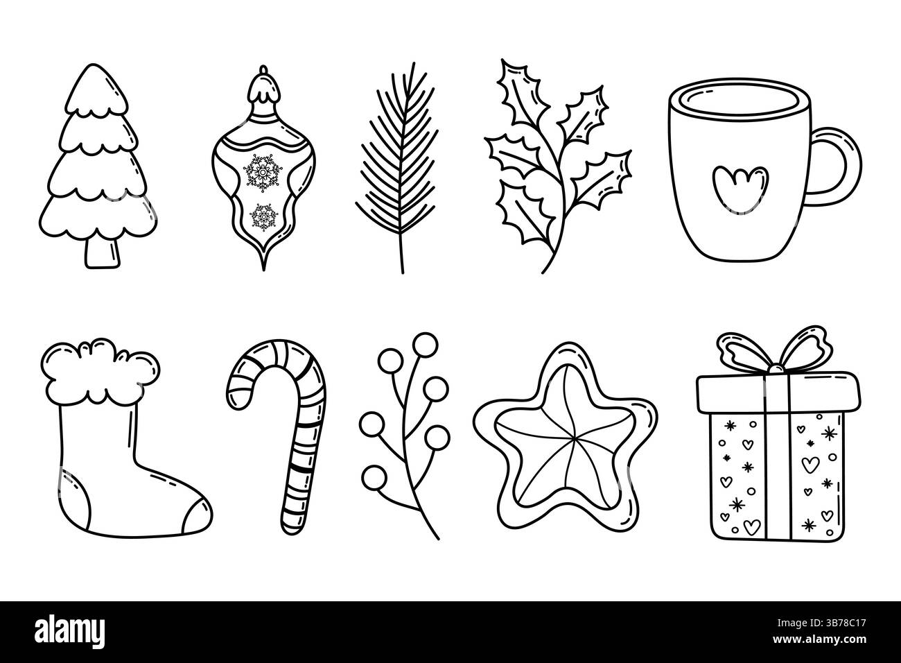 Set di elementi decorativi della linea natalizia. Set di ornamenti per disegni a mano di Natale con agnello, arco, candela, calze di Natale, albero di Natale, baule Illustrazione Vettoriale