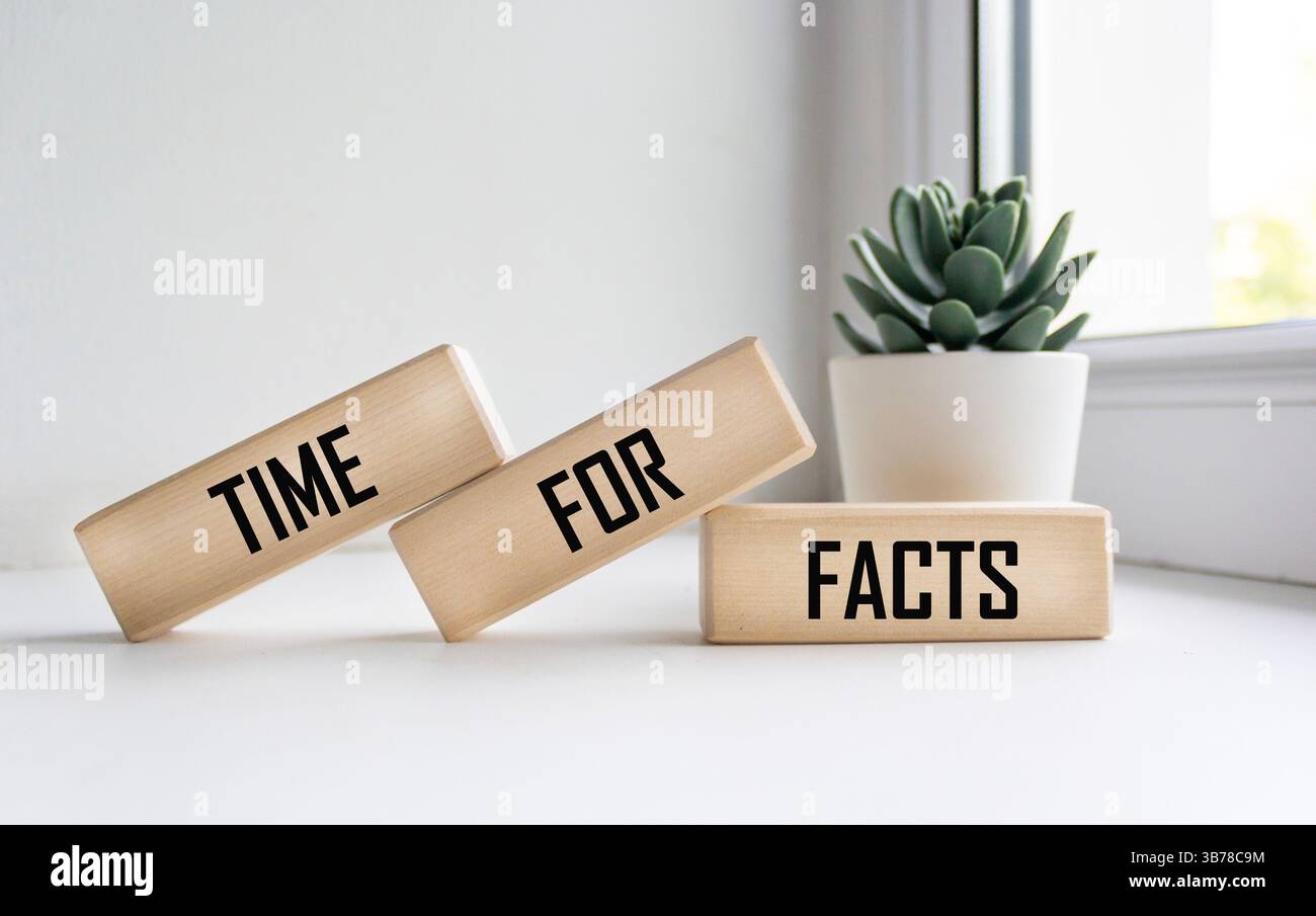 Il testo "TEMPO DEI FATTI" su blocchi di legno sullo sfondo di una finestra con un fiore Foto Stock