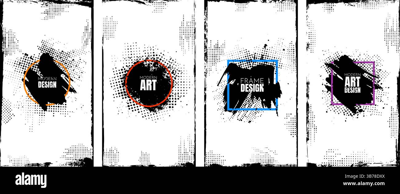 Illustrazione vettoriale. Bordi disegnati a mano, pennello traccia elementi. Design a inchiostro disordinato per invito, volantino, coupon, opuscolo, voucher. Mezzitoni Illustrazione Vettoriale