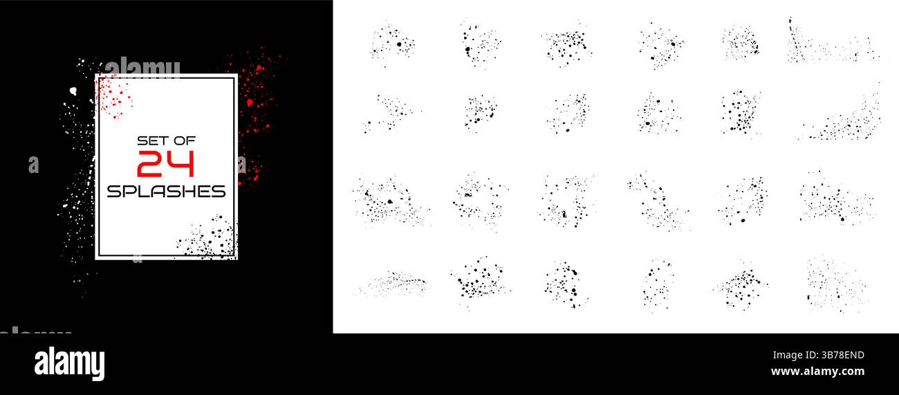 Set vettoriale di 24 spruzzi. Spruzzi di vernice nera. Macchie di inchiostro liquido per blotter. Goccia goccia spruzzo Artistico sporco grunge raccolta di macchie astratte Illustrazione Vettoriale