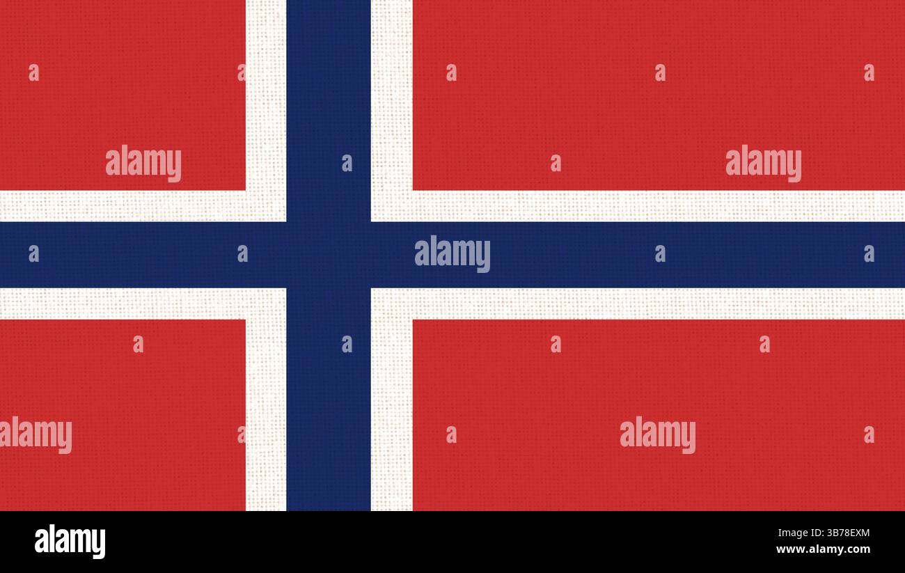 Bandiera delle Svalbard. Bandiera ufficiale di Spitsbergen vicino all'Artico sulla superficie dei tessuti. Simbolo di stato. Trama del tessuto. arcipelago polare. zona demilitarizzata. Foto Stock