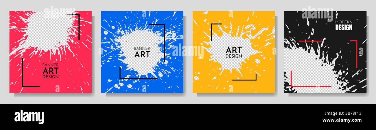 Illustrazione vettoriale. Set di cornici per pittura a colori astratti disegnati a mano. Il pennello d'inchiostro sporca e sporca. Progettare per banner Web, social media, post di blog Illustrazione Vettoriale