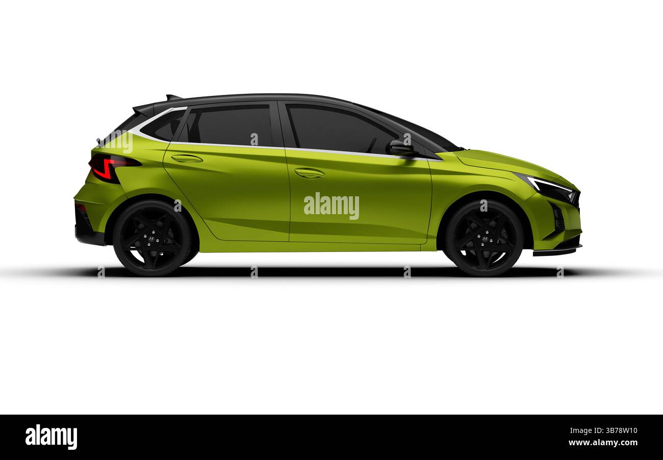 Smirne, Turchia - 5 maggio 2025: Profilo laterale destro completo della Hyundai i20 2024 verde su sfondo trasparente. Foto Stock