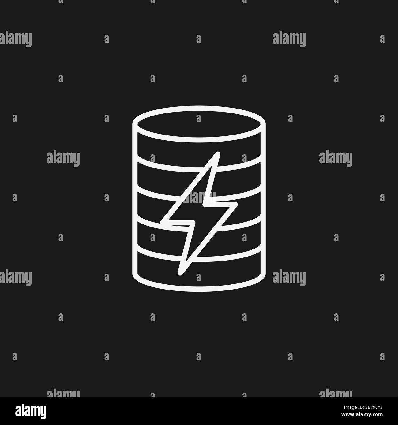 Icona del database energia linea bianca simbolo di stoccaggio elettrico su sfondo nero Illustrazione Vettoriale