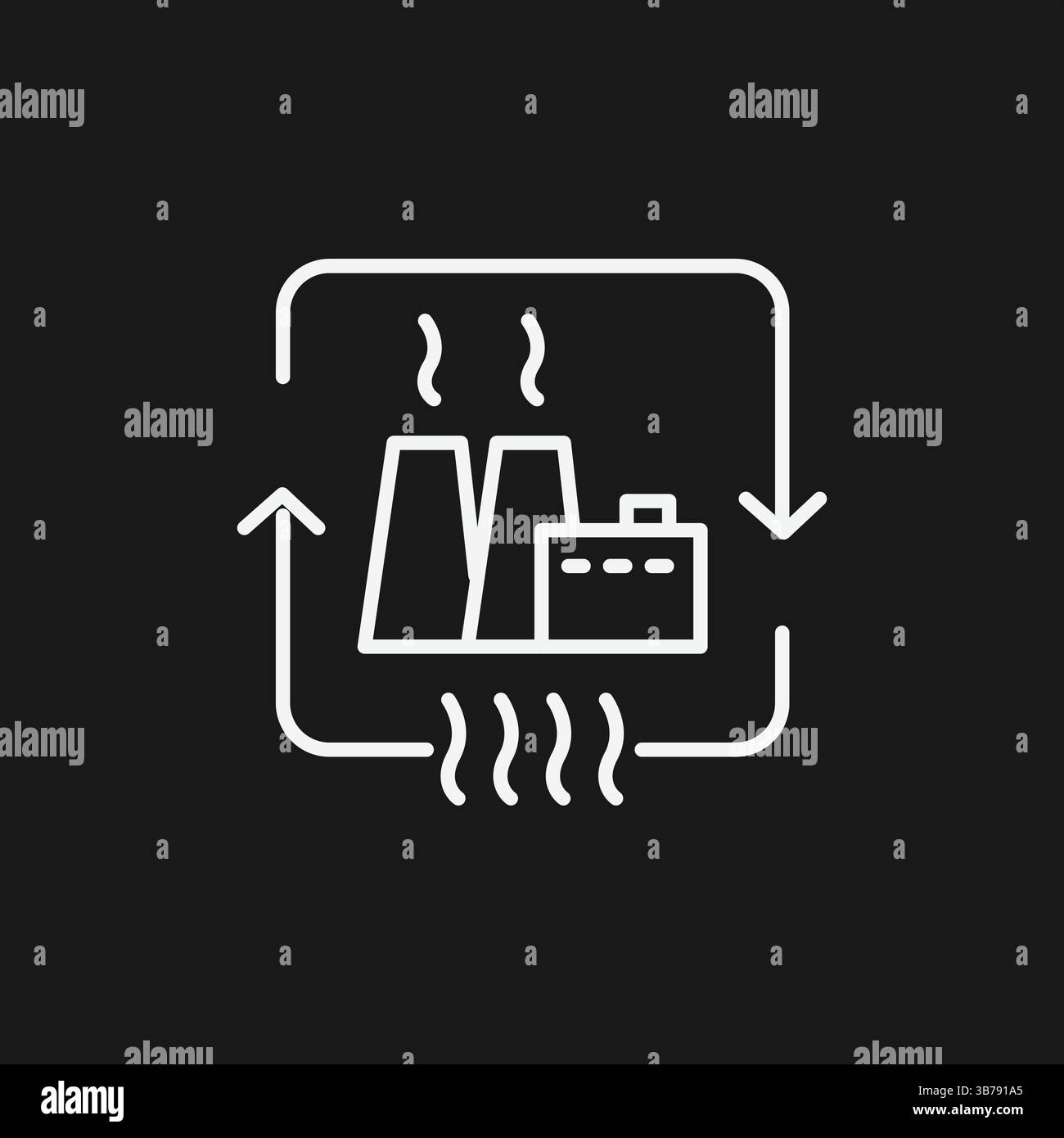 Icona minimalista di una fabbrica industriale con frecce e Smokestacks White Line Art su sfondo nero Illustrazione Vettoriale