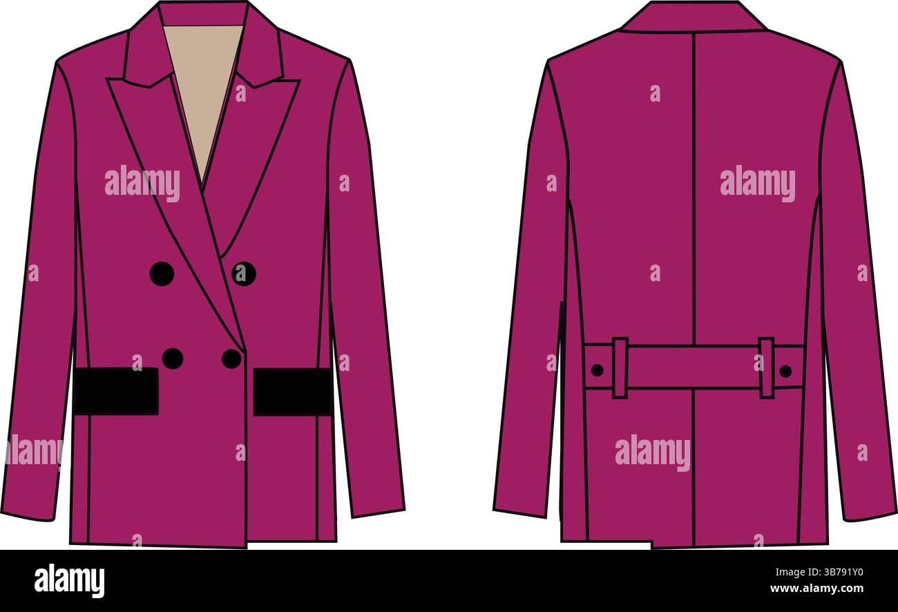 Giacca rosa doppiopetto con vista sul davanti e sul retro | schizzo piatto tecnico alla moda | abbigliamento CAD Illustrazione Vettoriale