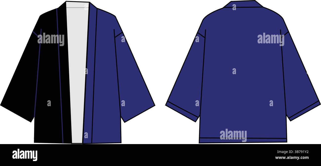 Vista anteriore e posteriore tradizionale giapponese haori | illustrazione vettoriale piatto | modello CAD abbigliamento Illustrazione Vettoriale