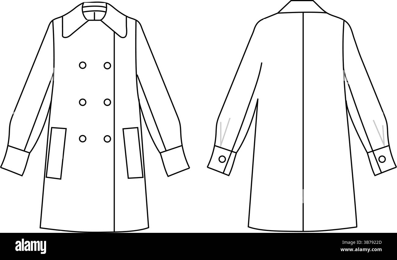 Vista anteriore e posteriore del cappotto beige a doppio petto | illustrazione vettoriale piatto | modello CAD dell'abbigliamento Illustrazione Vettoriale